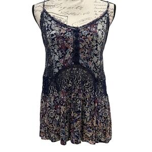 Daytrip Camisole Womens Small Navy Blue Paisley Crochet Boho Mixed Print Peasant